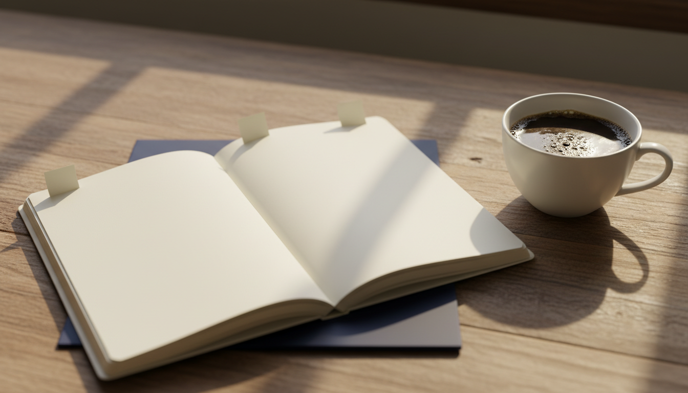 An open tabbed notebook beside a cup of black kopi in late-afternoon light.