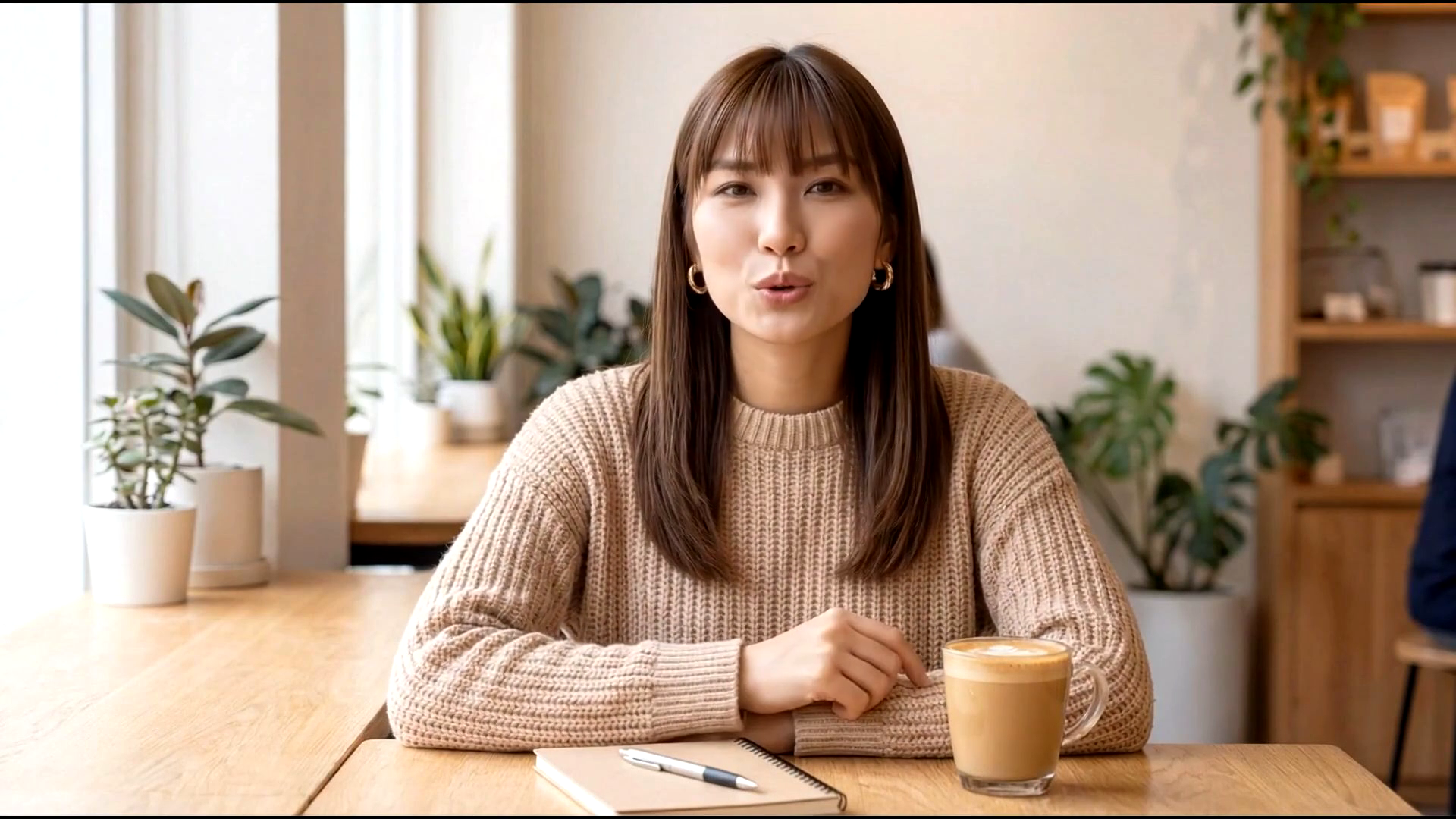 Cassia sits at a wooden table with a notebook and kopi while discussing the housing decision before 35.