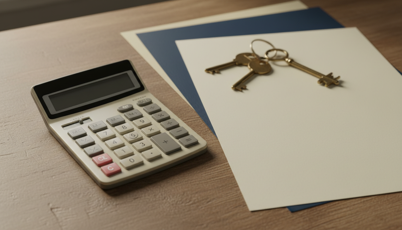 Three brass keys on a ring, resting on a blank sheet of paper beside a desk calculator.