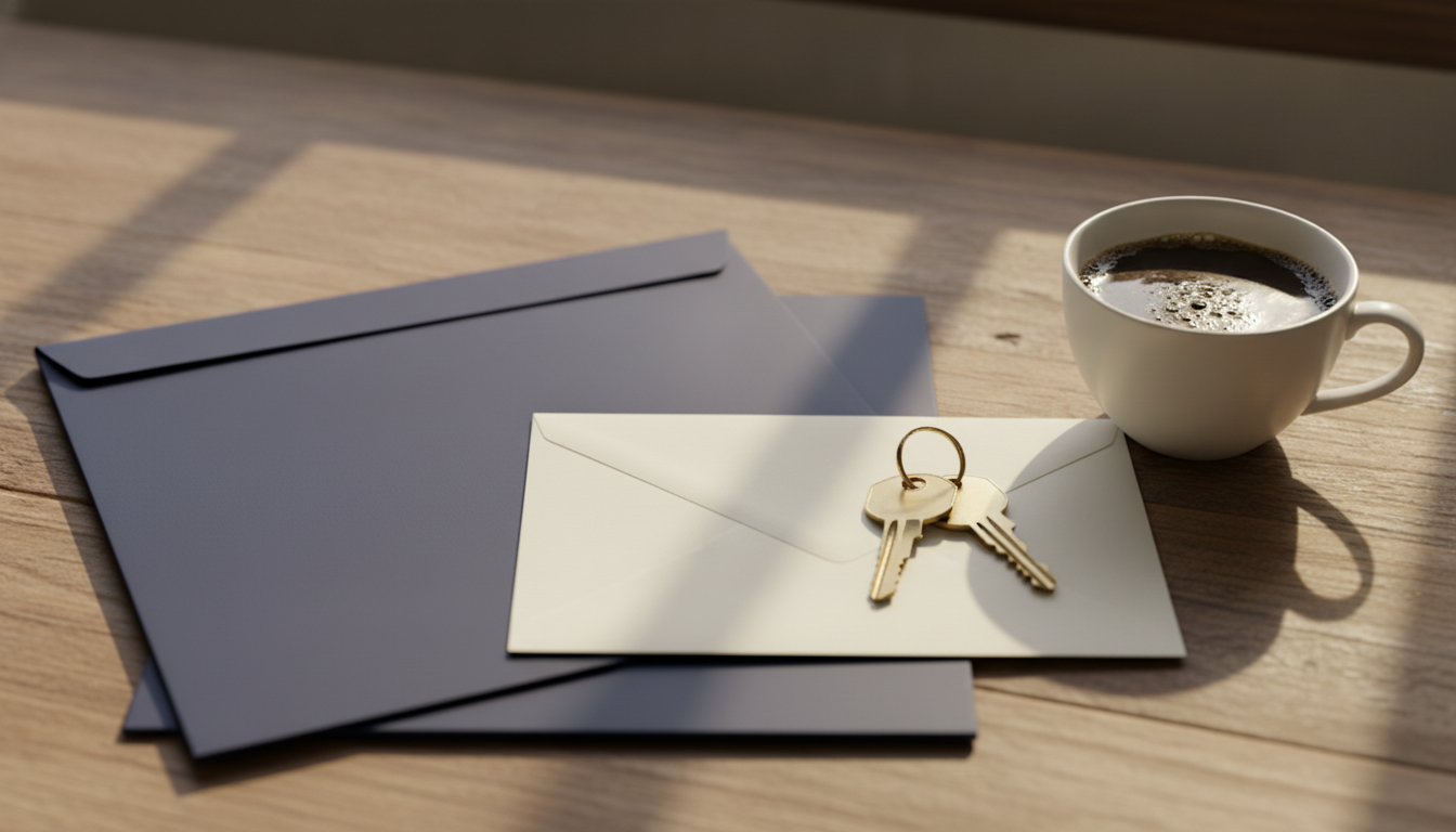 Editorial illustration of a plain navy folder, a blank cream envelope and brass house keys on a wooden desk.