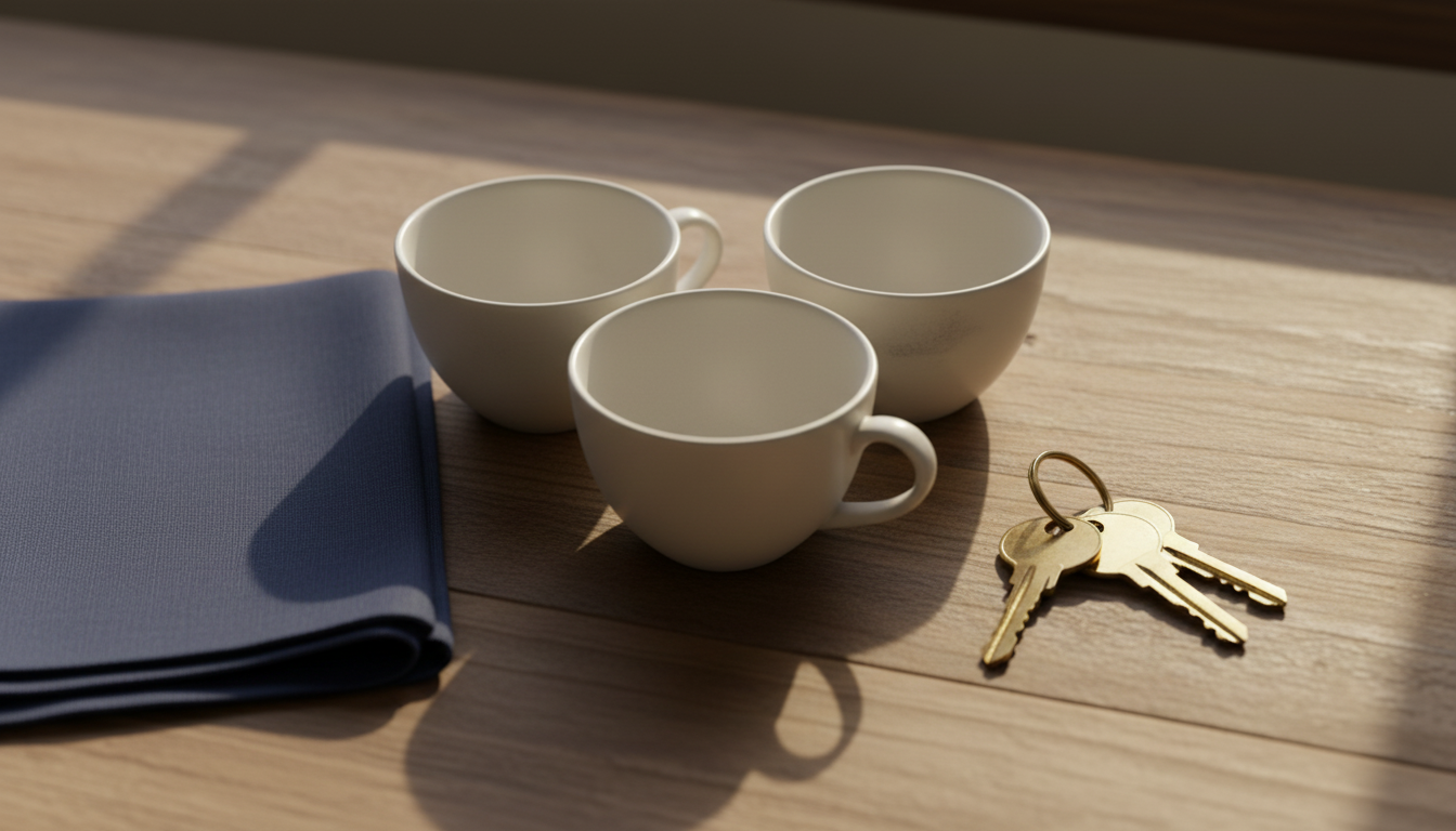 Editorial illustration of three cream cups and a brass key ring on a wooden table.