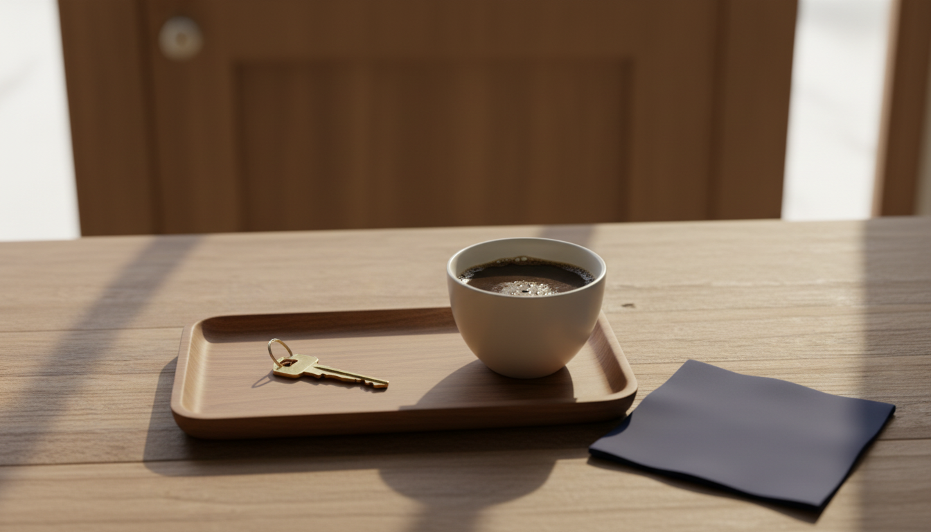 Editorial illustration of a brass key in a wooden tray beside a plain kopi cup, with a door in the background.
