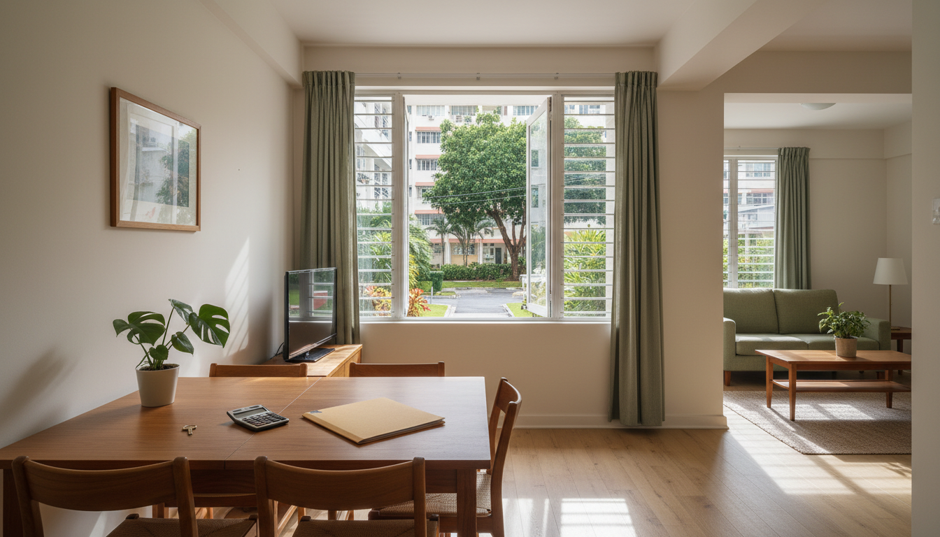 Warm, sunlit HDB resale-flat living room with a dining table holding a blank mortgage folder, calculator and house key; an HDB estate courtyard is visible beyond the window.