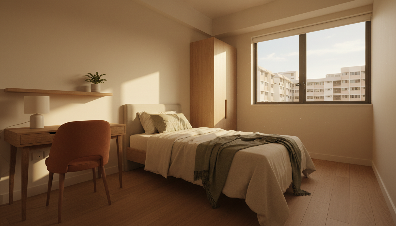 Warm, lived-in spare bedroom in a Singapore HDB flat, prepared for a tenant with a single bed, compact desk, wardrobe and neighbouring HDB blocks visible through the window.
